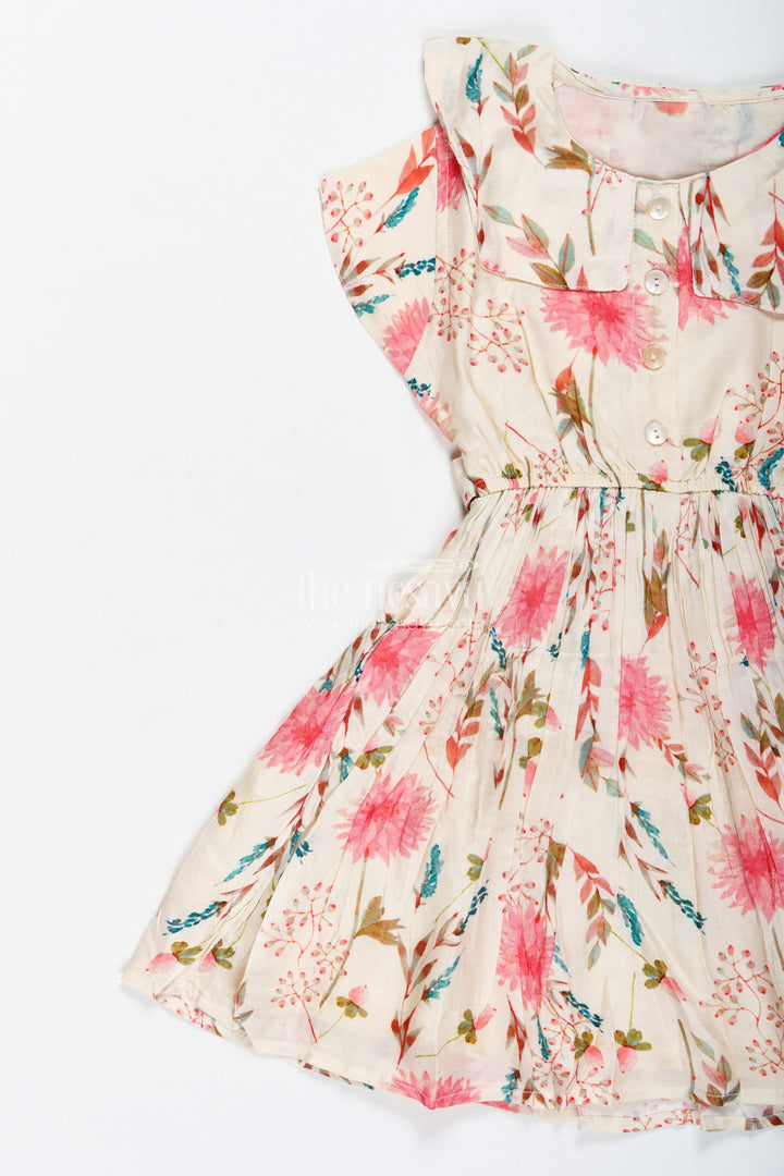 Casual Cotton Frock For Infants Sleeveless Beige Dress With Floral Design