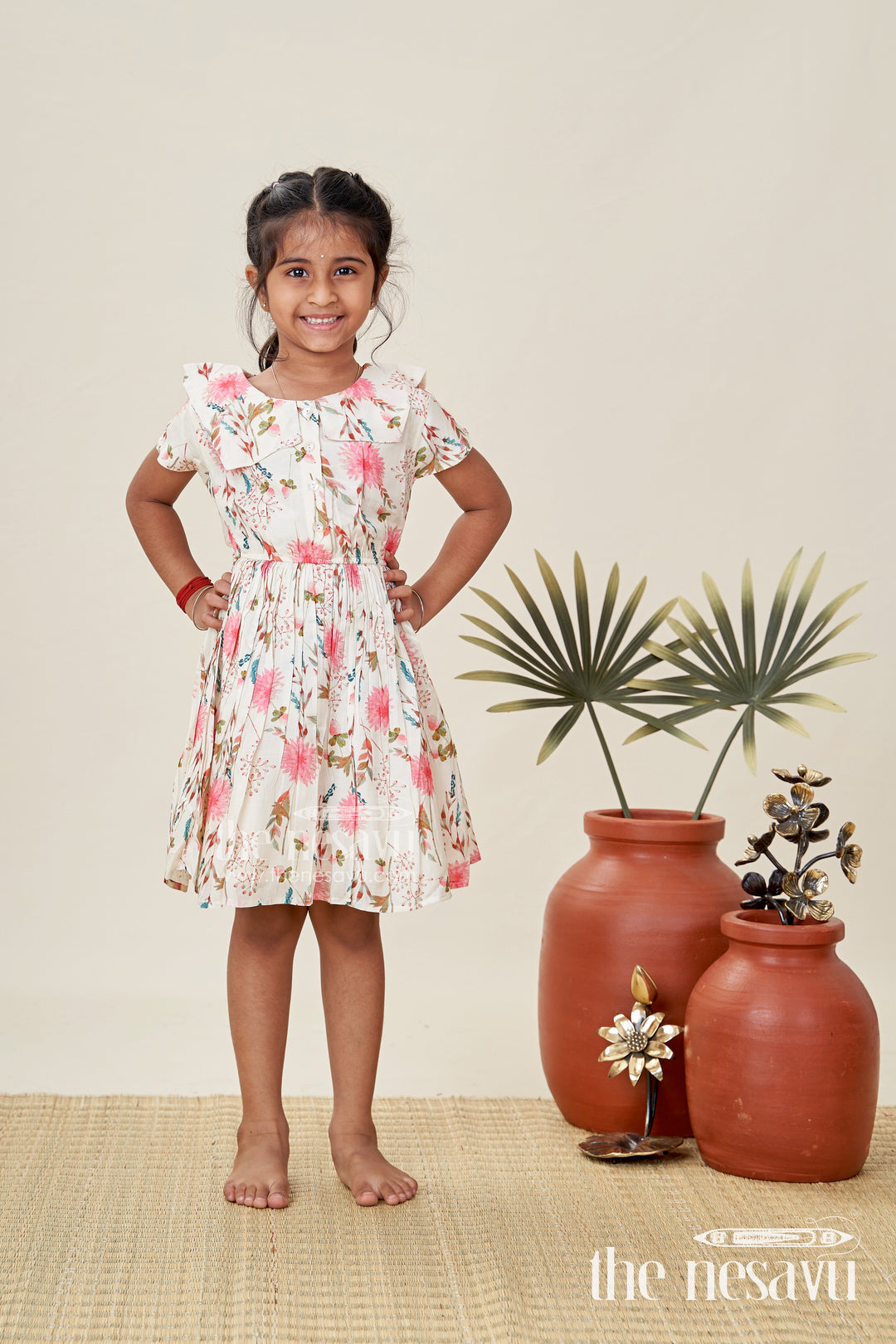 Casual Cotton Frock For Infants Sleeveless Beige Dress With Floral Design