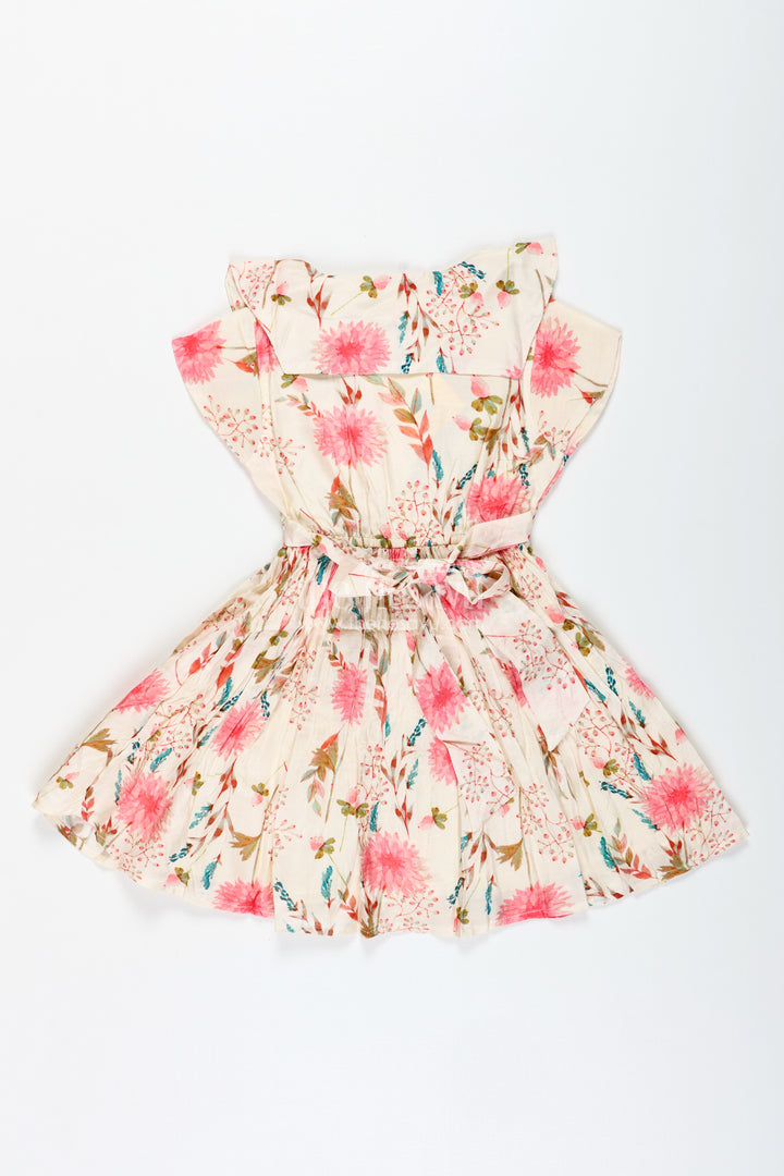 Casual Cotton Frock For Infants Sleeveless Beige Dress With Floral Design