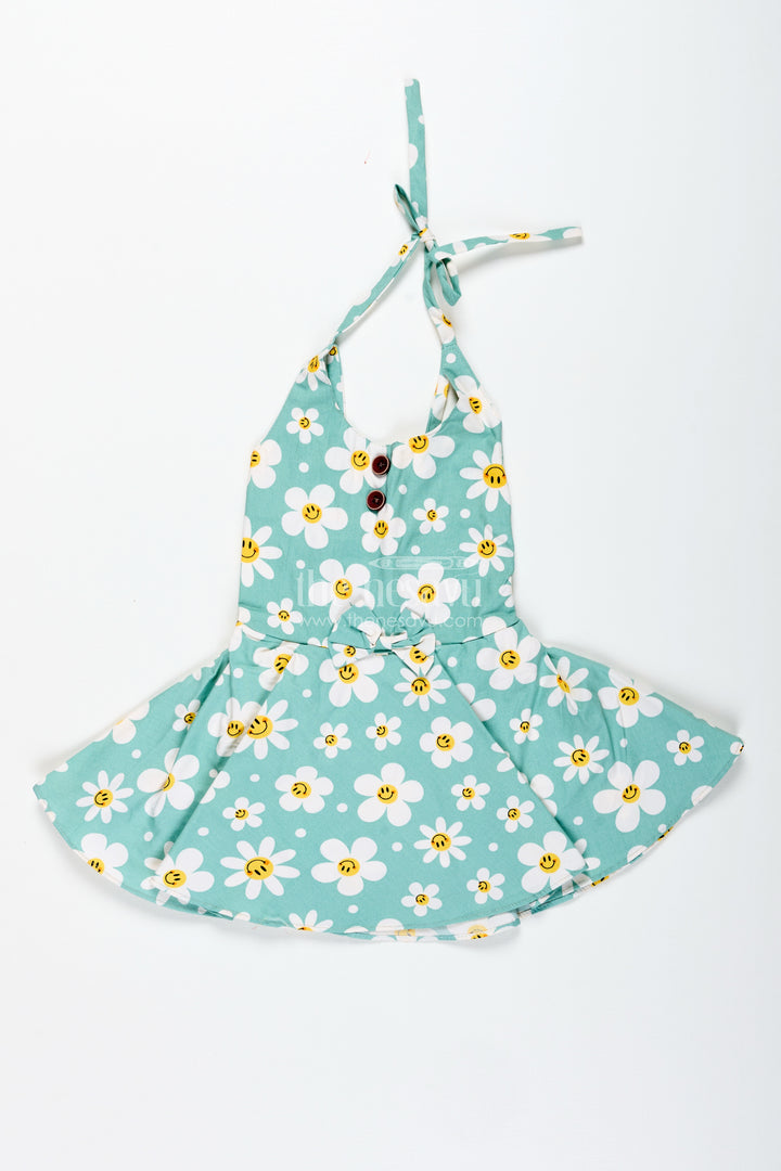 Girls Green Floral Frock With Smiley Print For Cheerful Summer Twirls