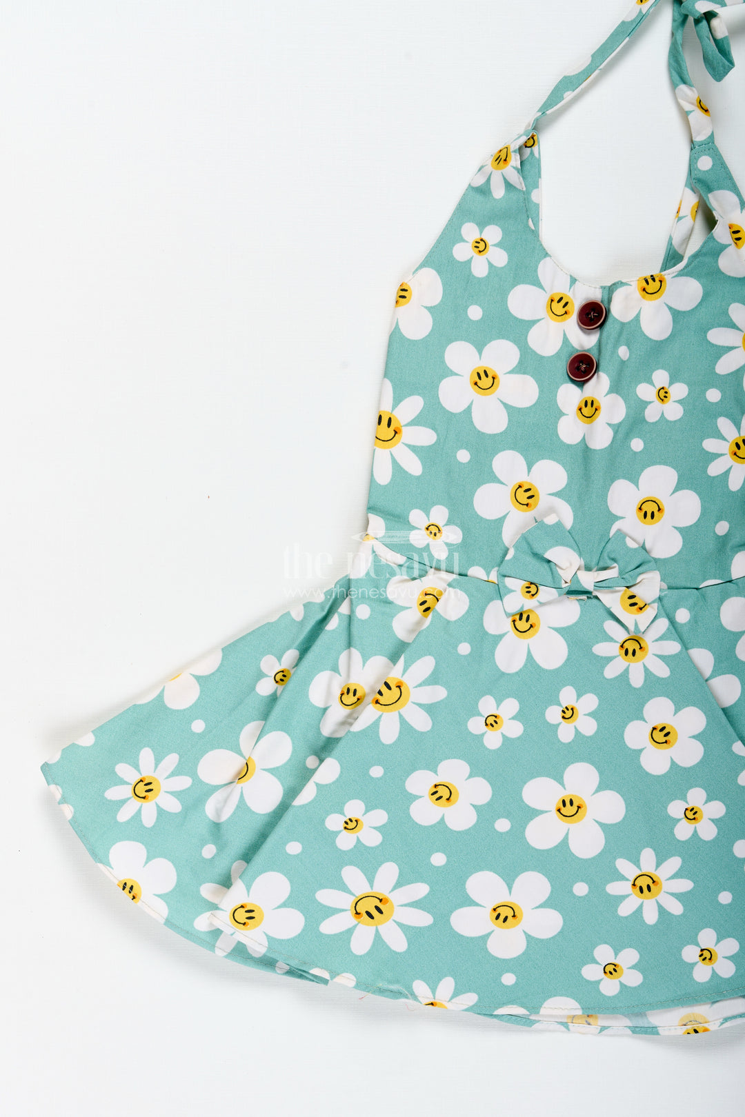 Girls Green Floral Frock With Smiley Print For Cheerful Summer Twirls