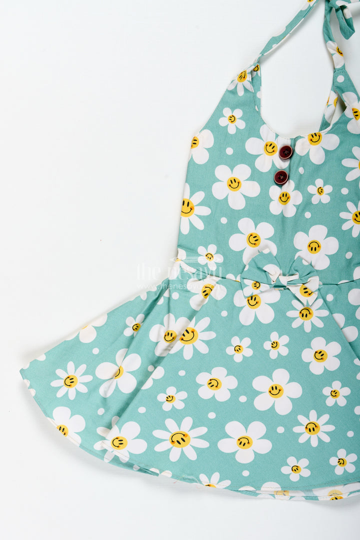 Girls Green Floral Frock With Smiley Print For Cheerful Summer Twirls