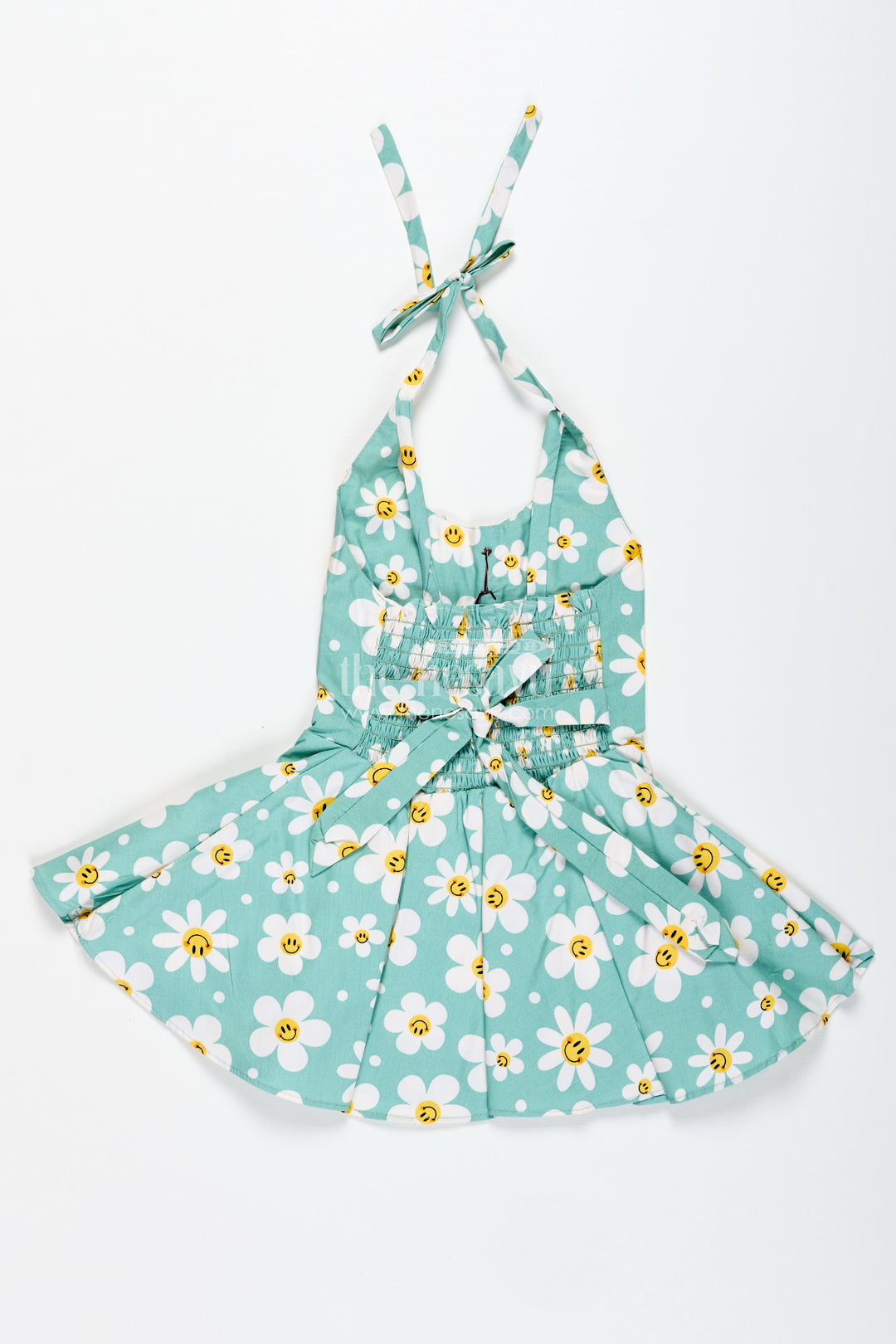 Girls Green Floral Frock With Smiley Print For Cheerful Summer Twirls
