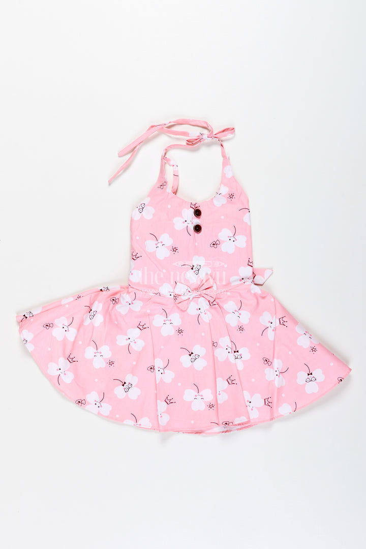 Girls Pink Cartoon Floral Frock With Bow And Pleats For Summer Outings
