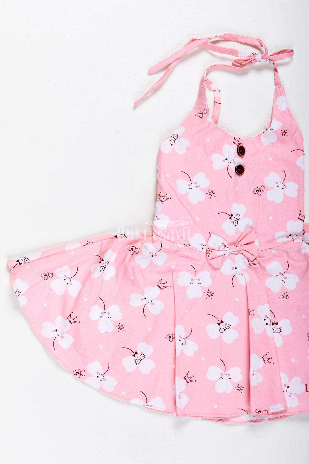 Girls Pink Cartoon Floral Frock With Bow And Pleats For Summer Outings