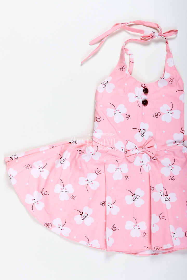 Girls Pink Cartoon Floral Frock With Bow And Pleats For Summer Outings