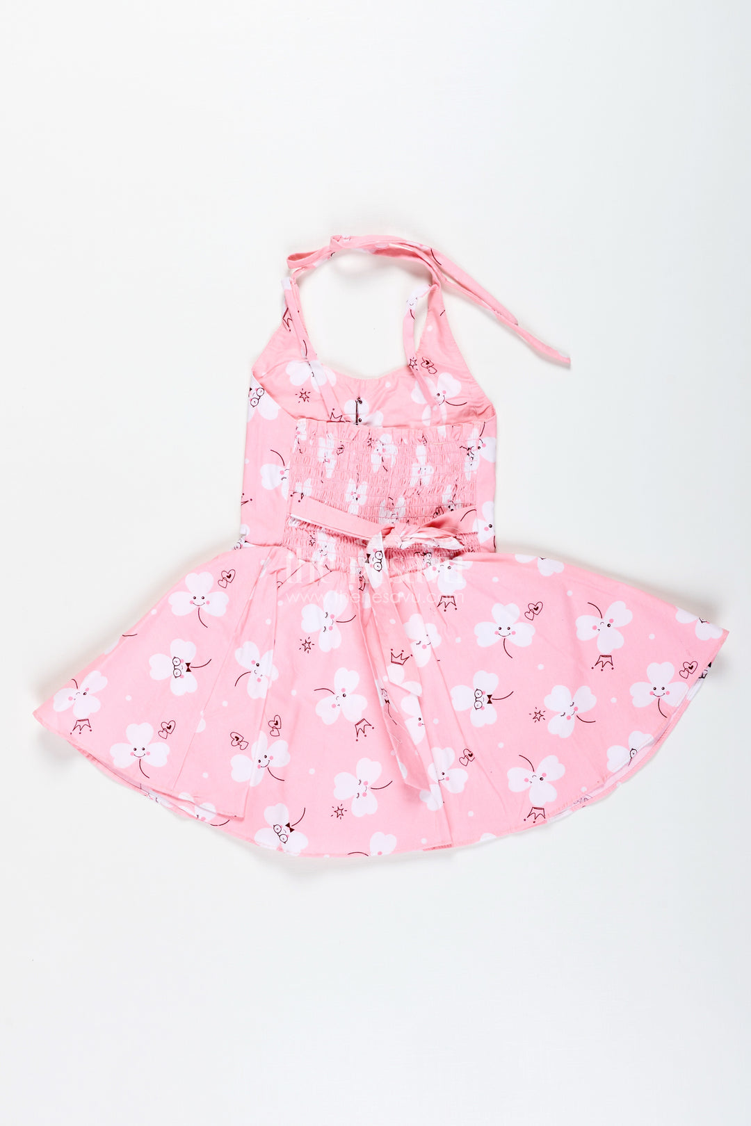 Girls Pink Cartoon Floral Frock With Bow And Pleats For Summer Outings
