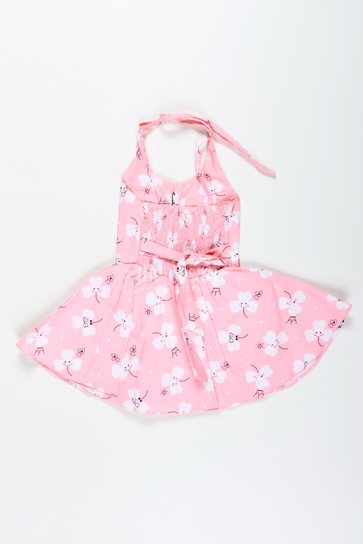 Girls Pink Cartoon Floral Frock With Bow And Pleats For Summer Outings