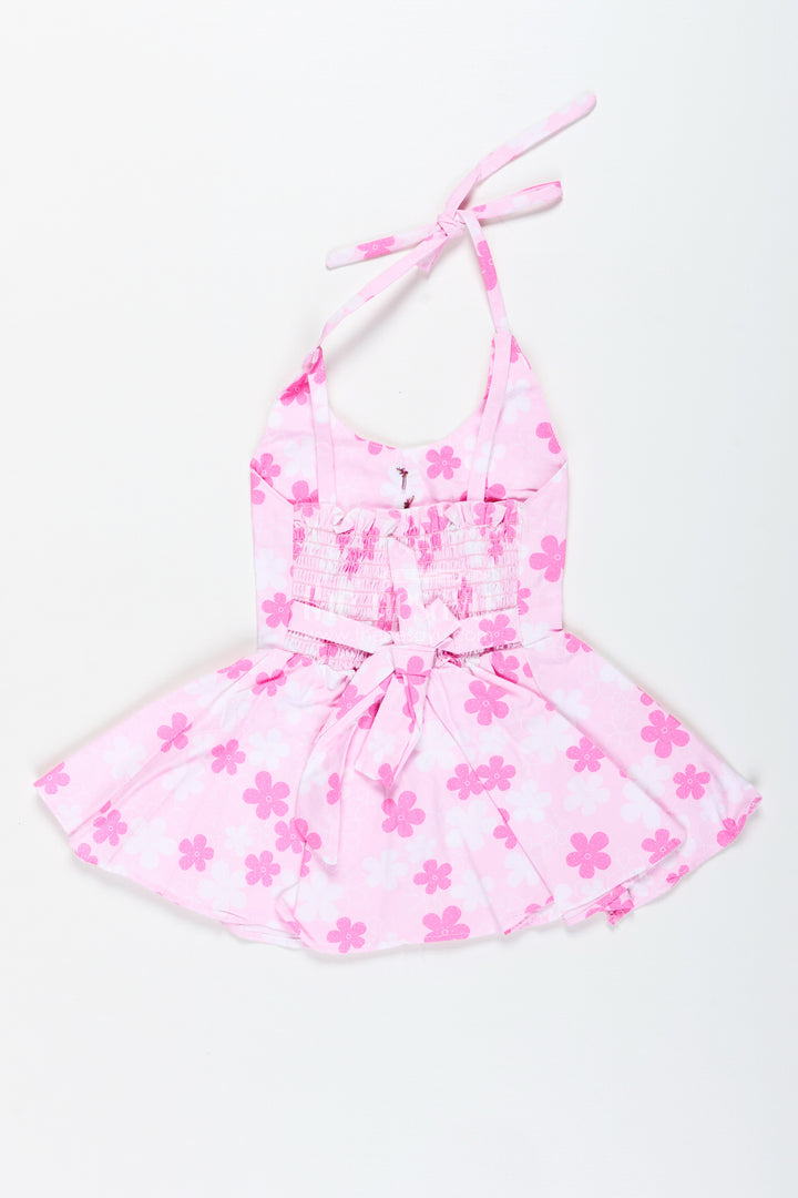 Girls Pink Floral Frock With Bow Detail For Everyday Twirls