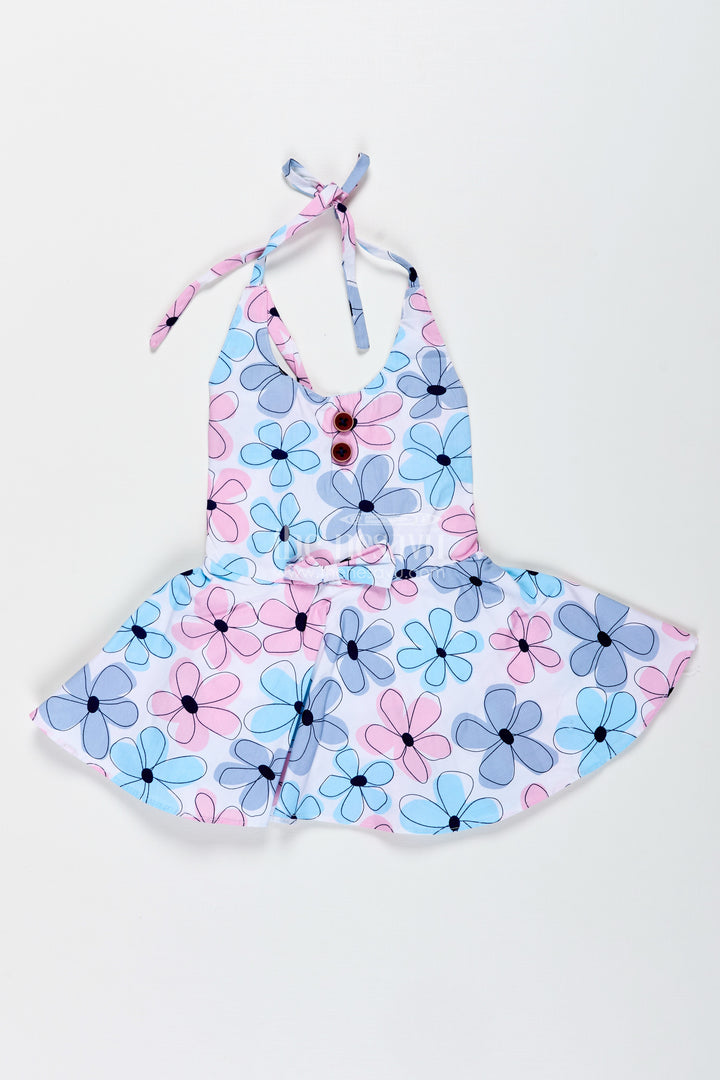 Blue Floral Cotton Frock For Baby Girls With Halter Neck