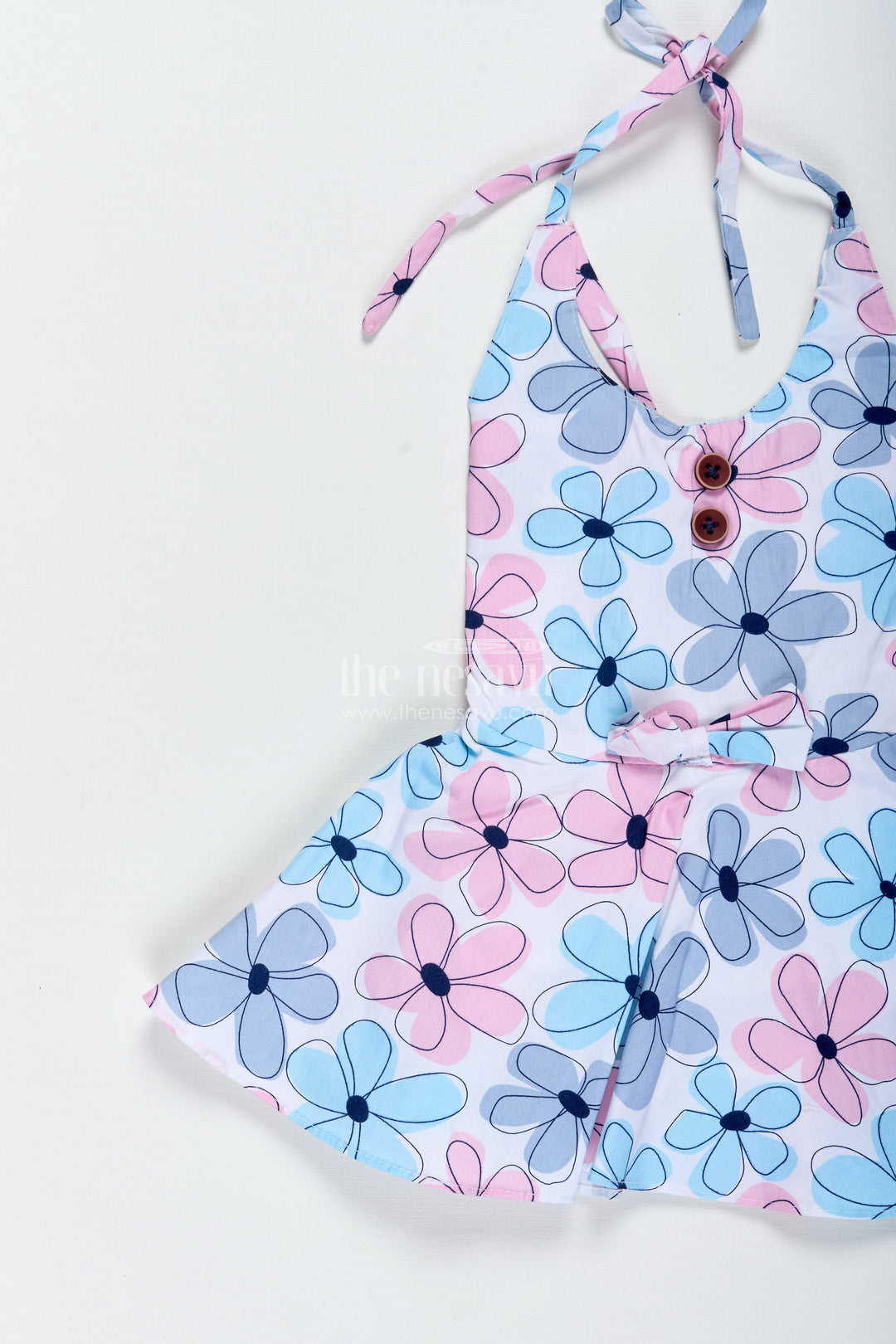 Blue Floral Cotton Frock For Baby Girls With Halter Neck