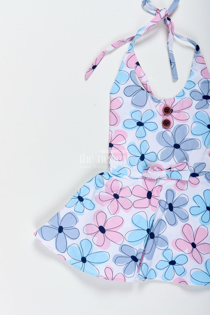 Blue Floral Cotton Frock For Baby Girls With Halter Neck