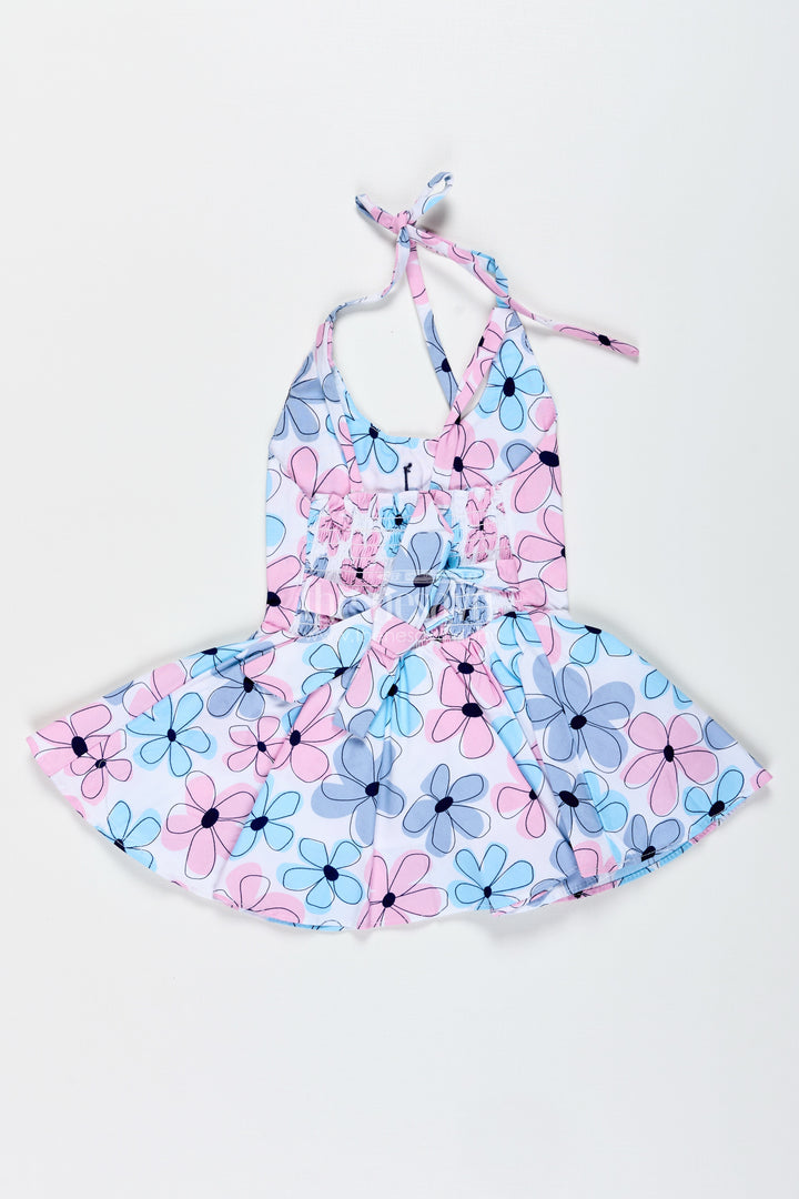 Blue Floral Cotton Frock For Baby Girls With Halter Neck