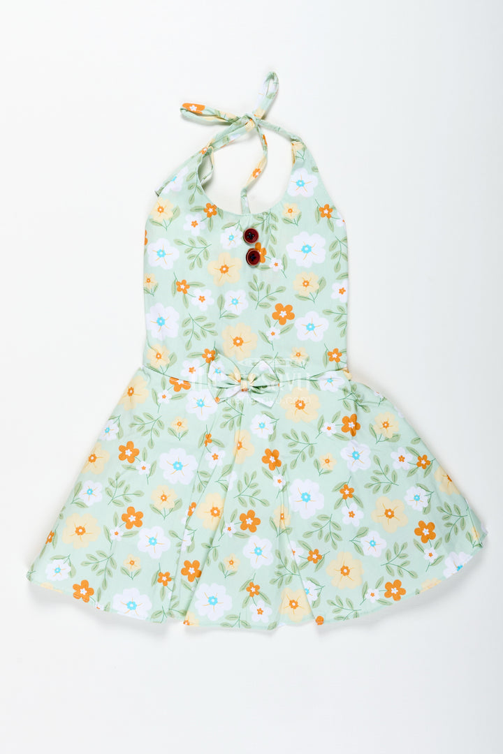 Girls Green Cotton Frock With Halter Neck And Floral Print For Summer Events