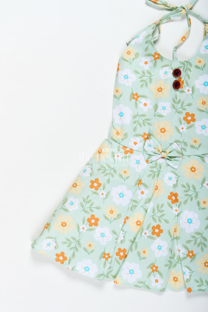 Girls Green Cotton Frock With Halter Neck And Floral Print For Summer Events