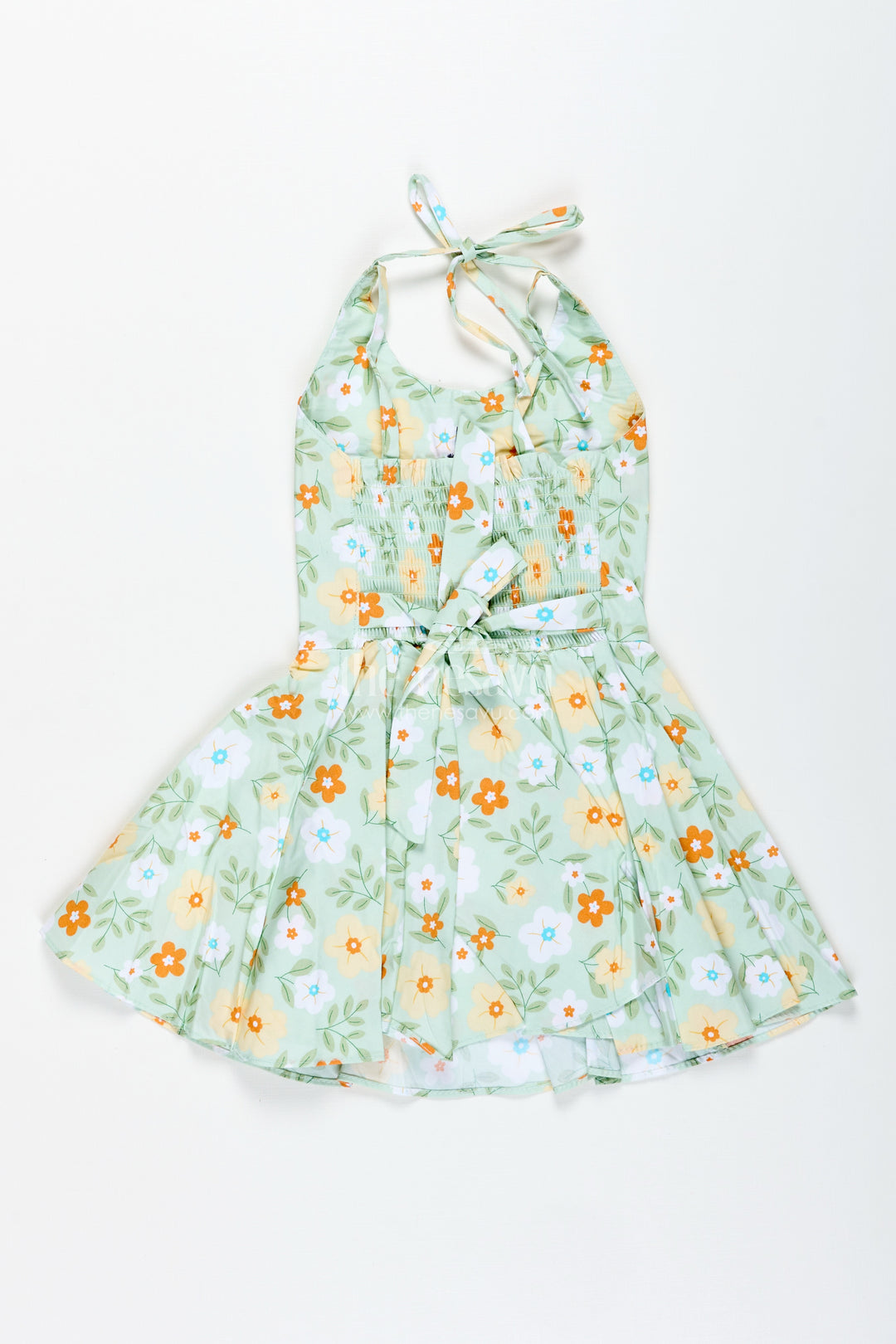 Girls Green Cotton Frock With Halter Neck And Floral Print For Summer Events
