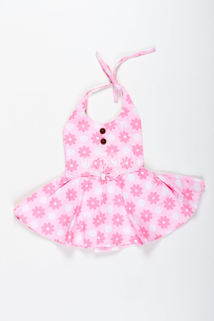 Girls Pink Cotton Frock With Polka Dot Floral Print For Playful Summer Days