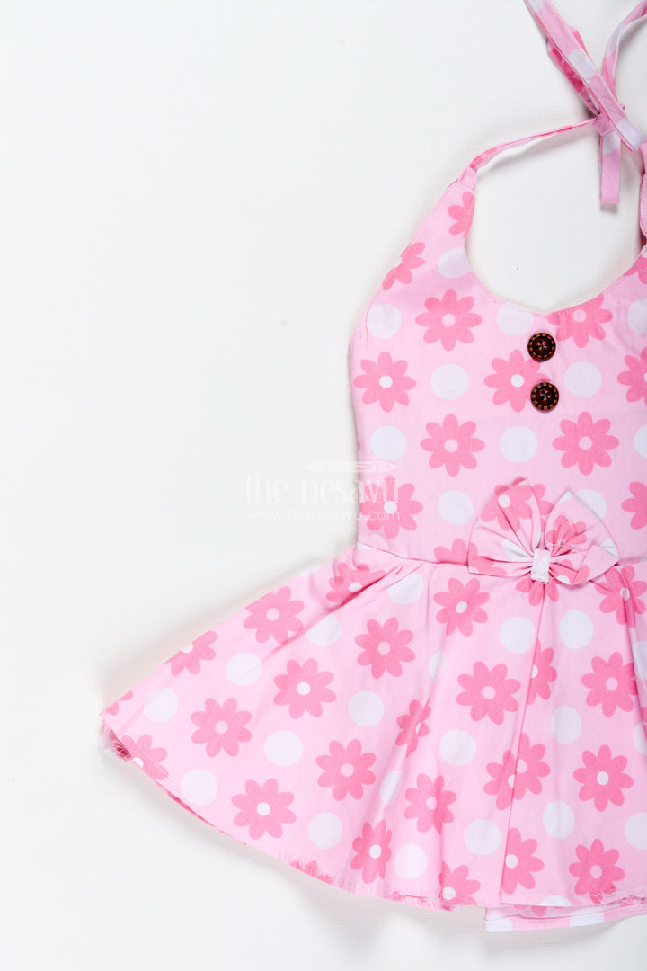 Girls Pink Cotton Frock With Polka Dot Floral Print For Playful Summer Days