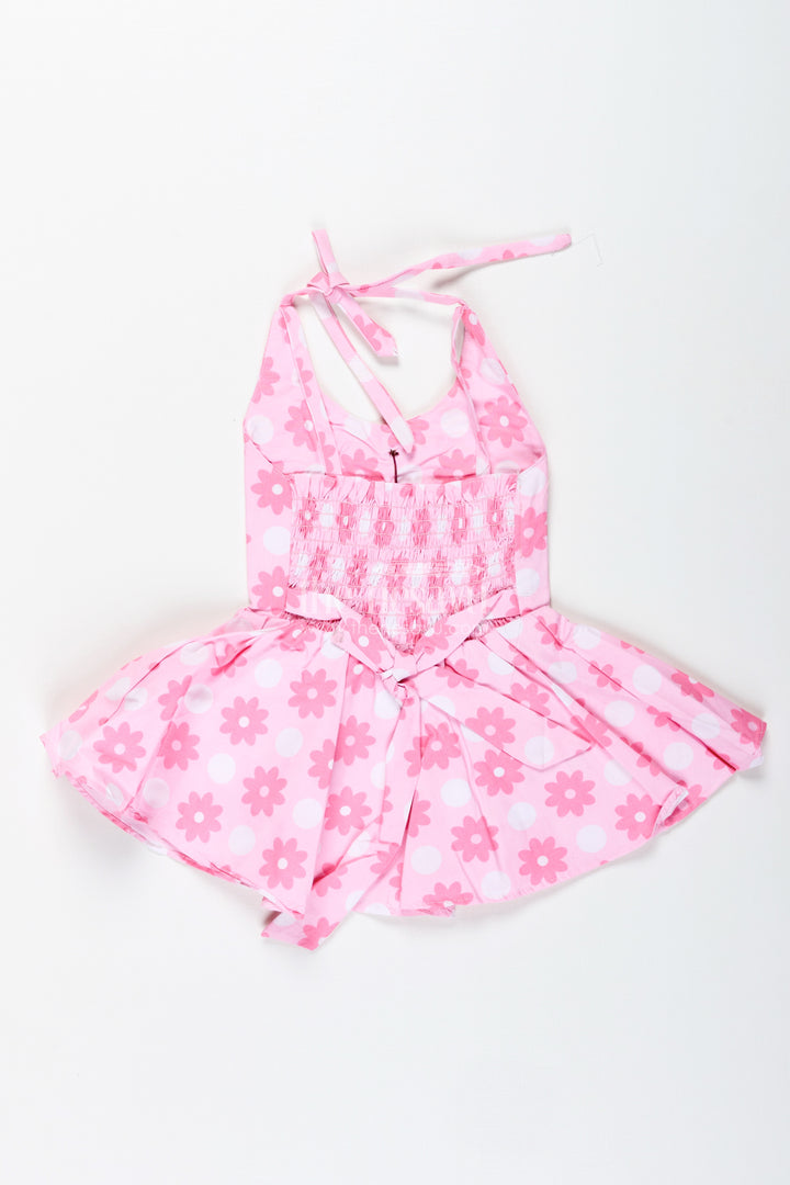 Girls Pink Cotton Frock With Polka Dot Floral Print For Playful Summer Days