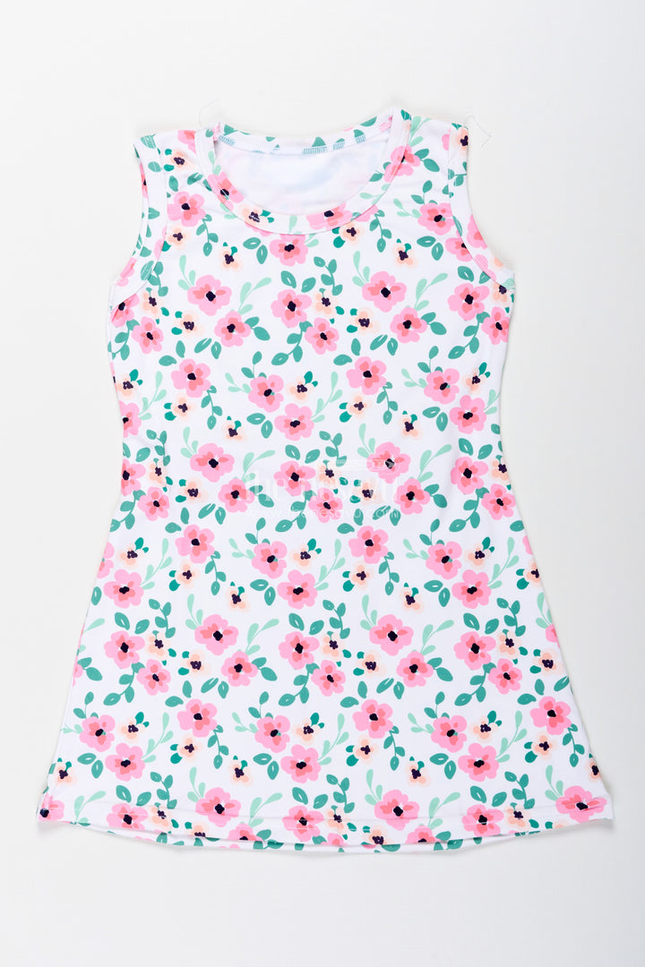 Girls Floral Frock With Pink Blossoms For Casual Summer Wear