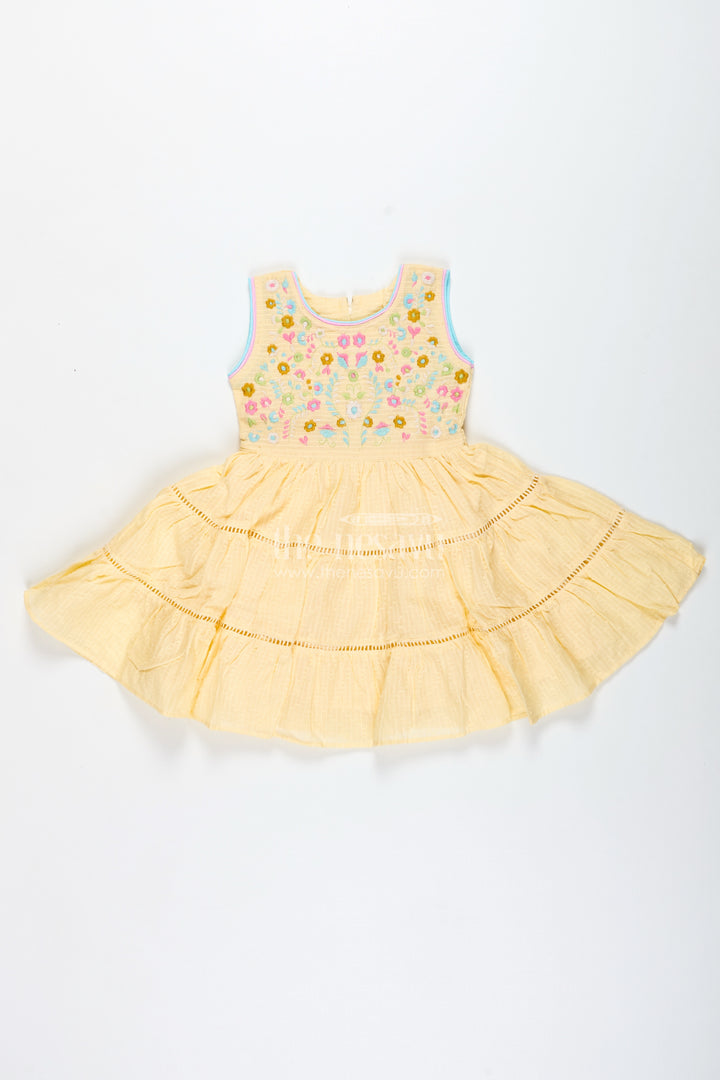 Yellow Cotton Frock For Toddler Girls With Floral Embroidery