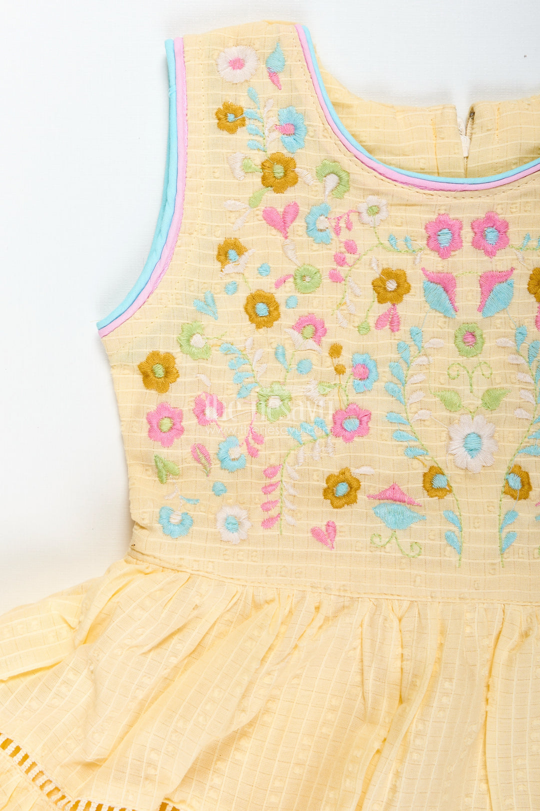 Yellow Cotton Frock For Toddler Girls With Floral Embroidery