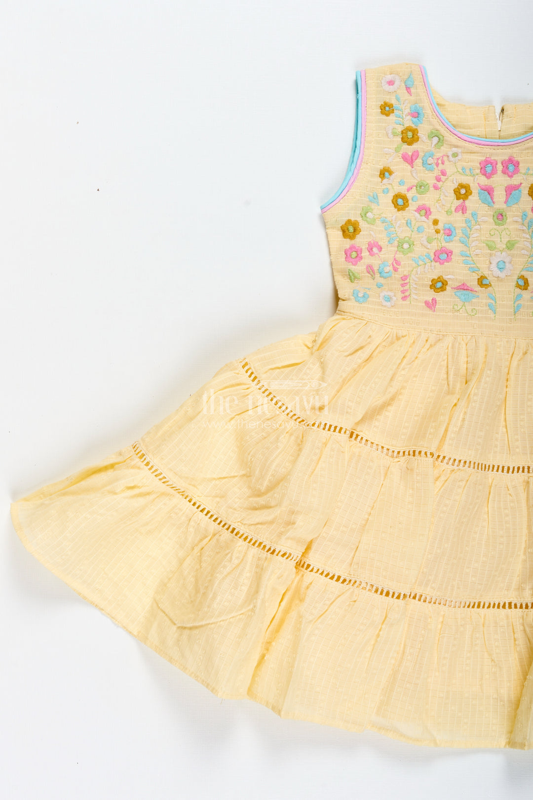 Yellow Cotton Frock For Toddler Girls With Floral Embroidery