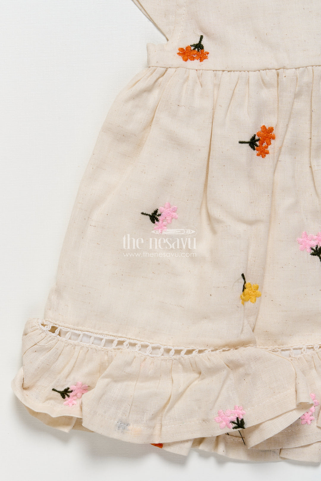 Cotton frock for toddler girls with floral embroidery and frill hem