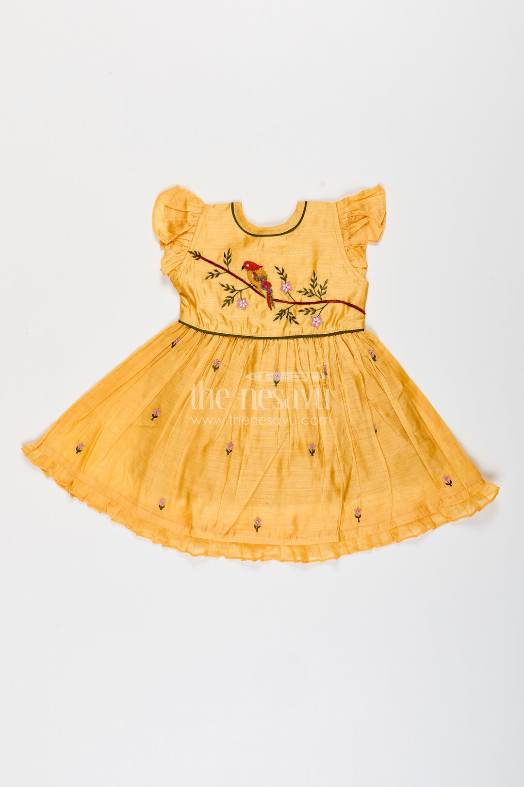 Baby girl chanderi frock with bird embroidery for festive occasions