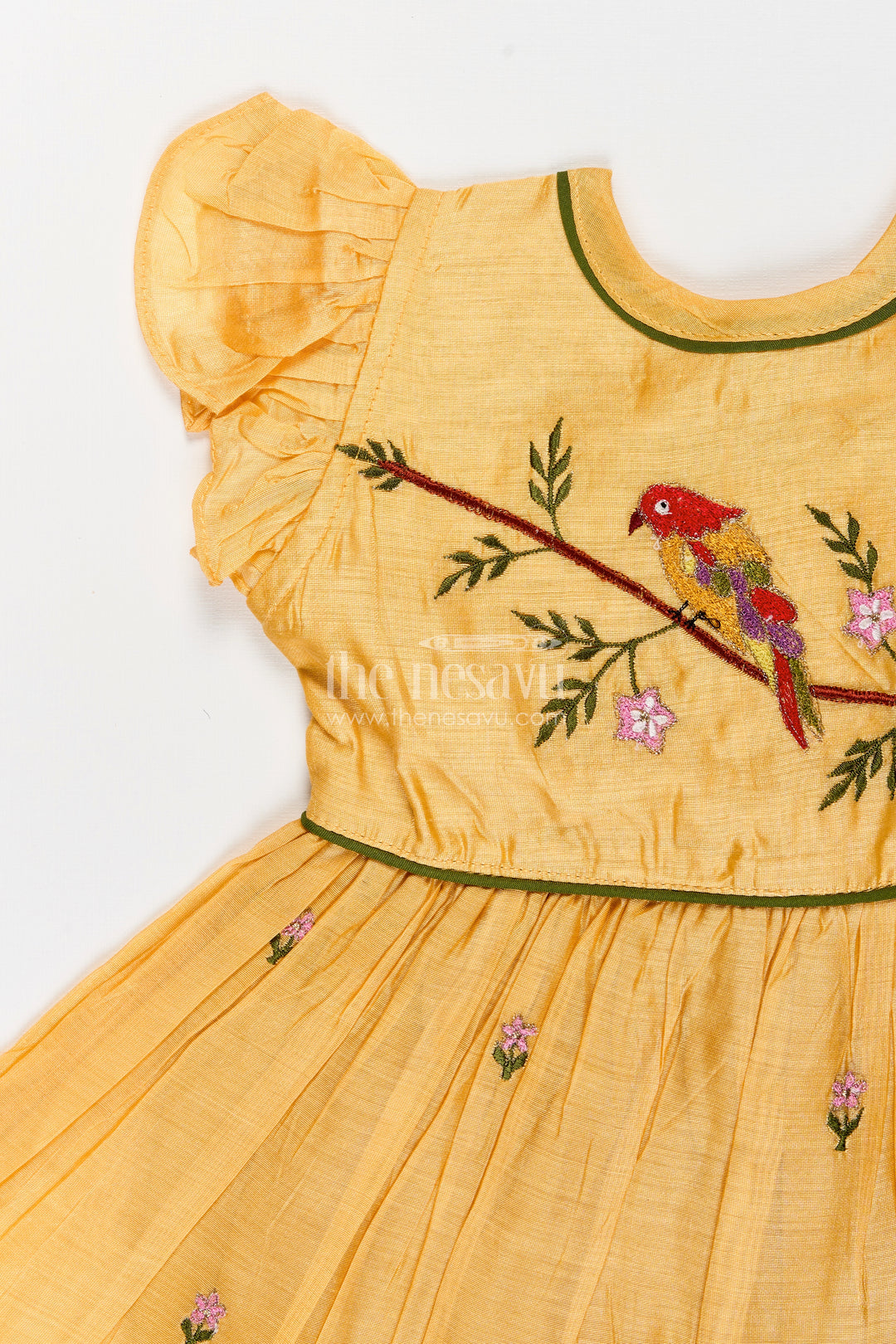 Baby girl chanderi frock with bird embroidery for festive occasions