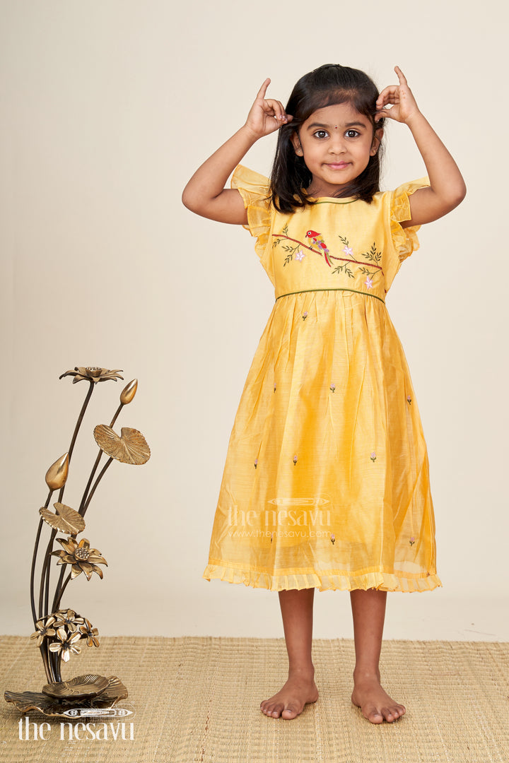 Baby girl chanderi frock with bird embroidery for festive occasions