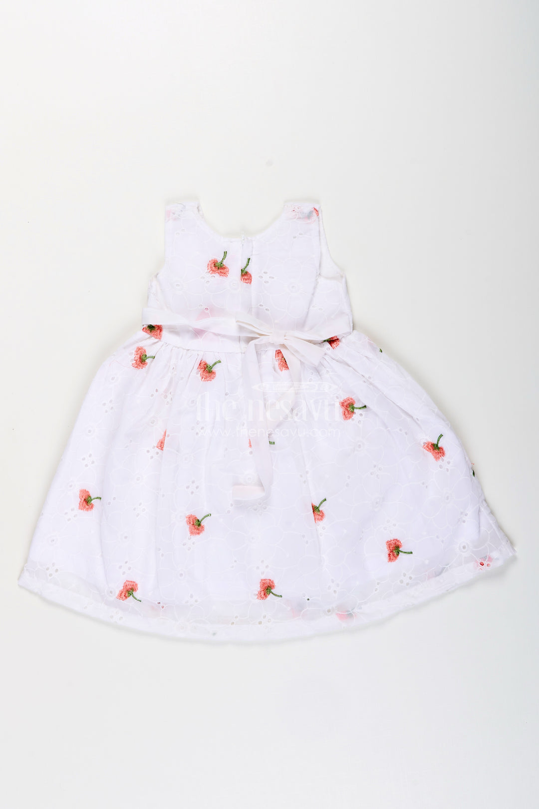 Baby girl georgette frock with cherry embroidery and pink bow for birthdays