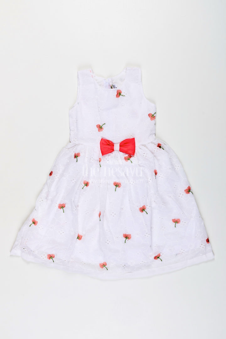 Baby girl georgette frock with cherry embroidery and peach bow for festive occasions