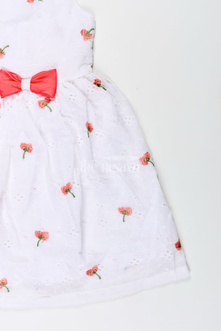 Baby girl georgette frock with cherry embroidery and peach bow for festive occasions