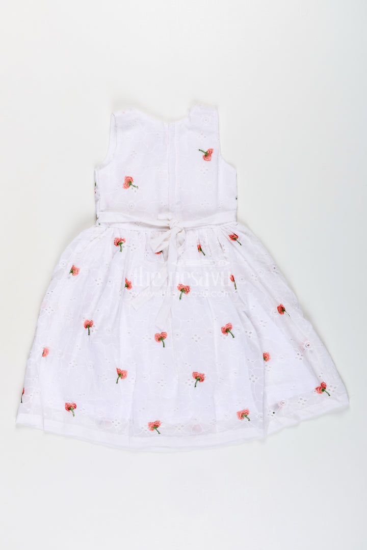 Baby girl georgette frock with cherry embroidery and peach bow for festive occasions