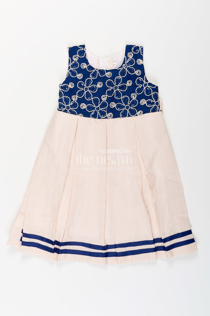 Baby girl flax cotton frock with navy yoke embroidery for festive occasions