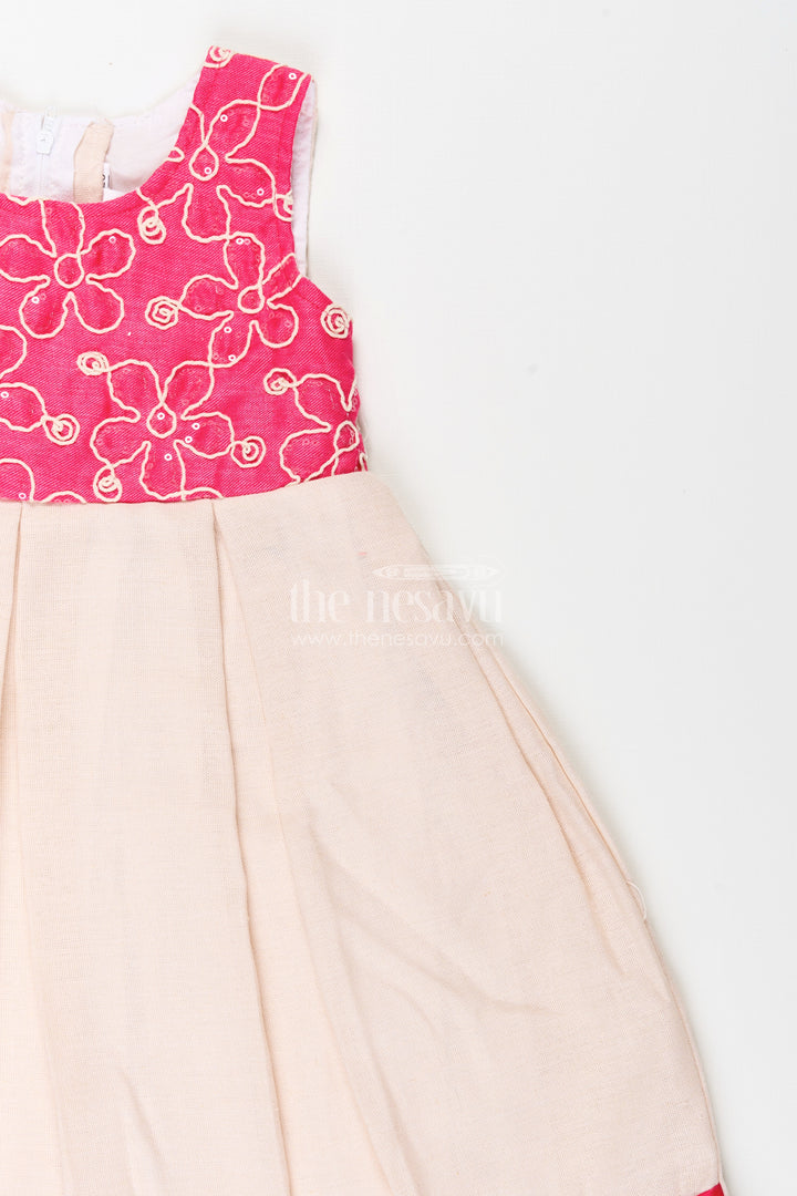 Baby girl flax cotton frock with pink yoke embroidery for parties