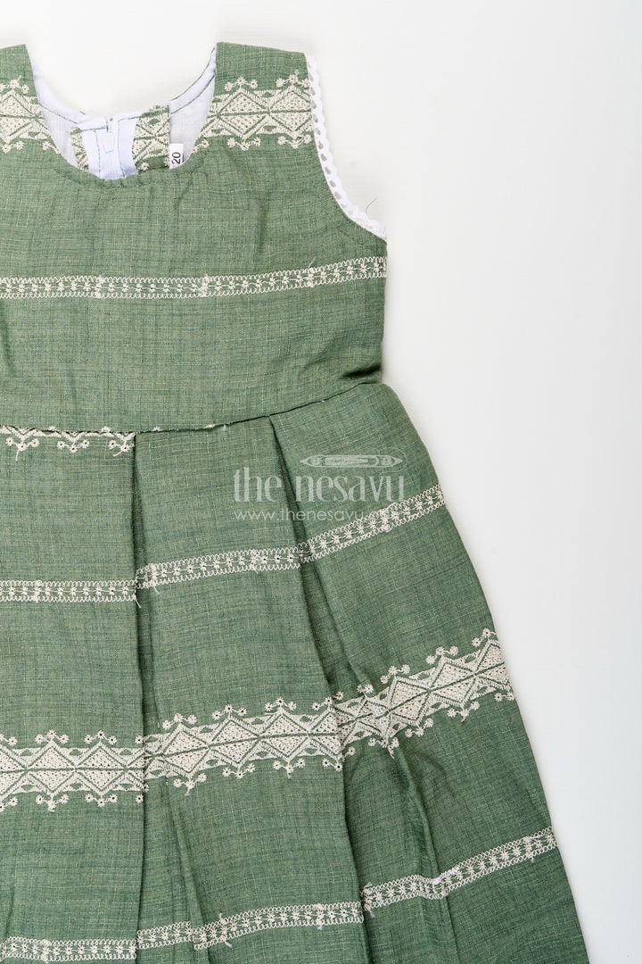 Baby girl green cotton blend frock with white thread embroidery for celebrations