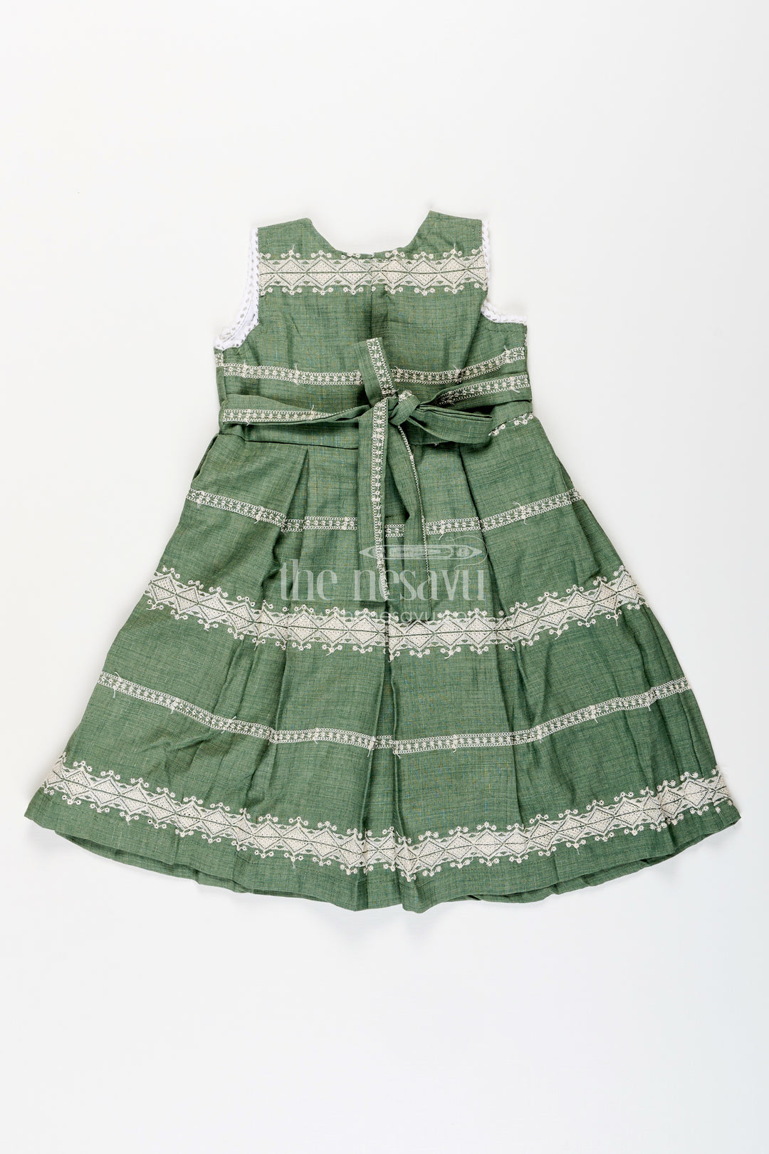 Baby girl green cotton blend frock with white thread embroidery for celebrations