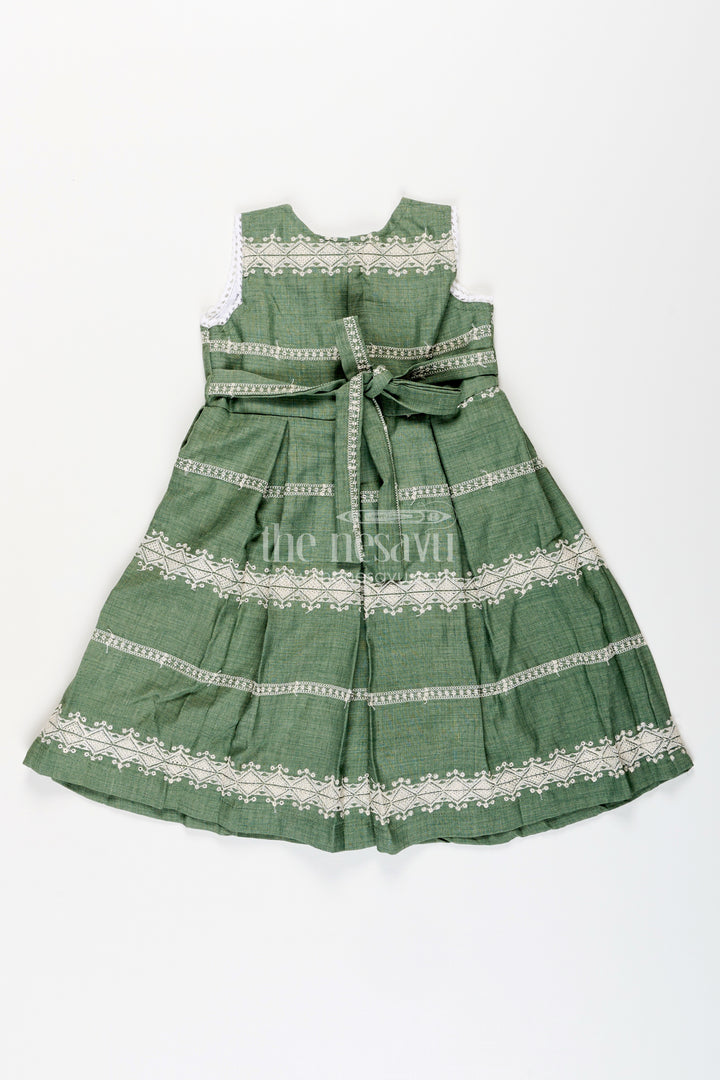 Baby girl green cotton blend frock with white thread embroidery for celebrations