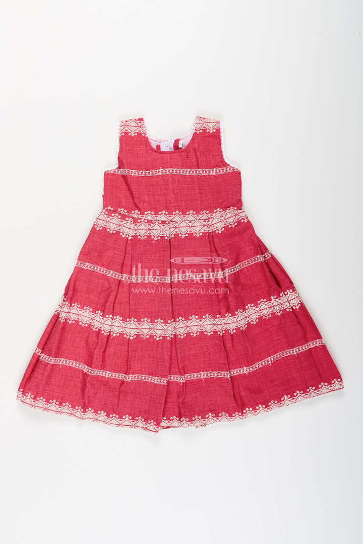Baby girl maroon cotton blend frock with white thread embroidery for festive events