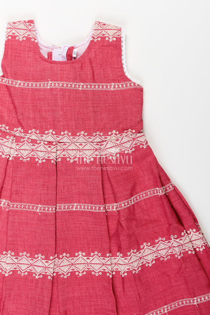 Baby girl maroon cotton blend frock with white thread embroidery for festive events