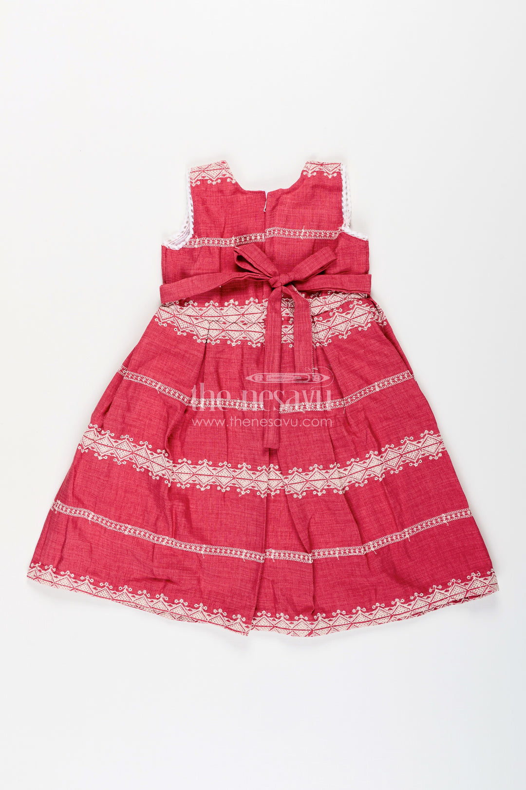 Baby girl maroon cotton blend frock with white thread embroidery for festive events