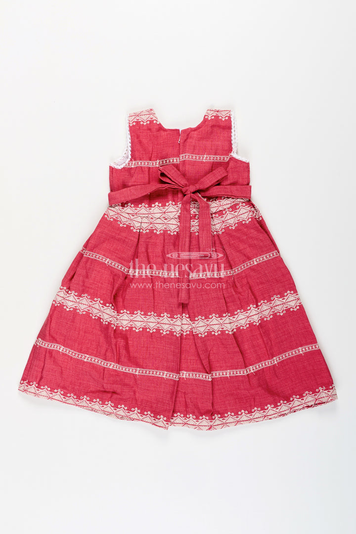 Baby girl maroon cotton blend frock with white thread embroidery for festive events
