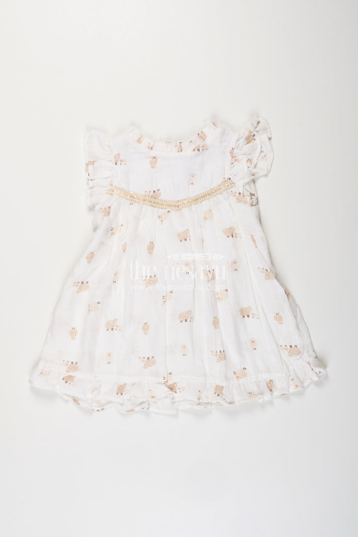 White muslin cotton frock for baby girls with soft sheep print