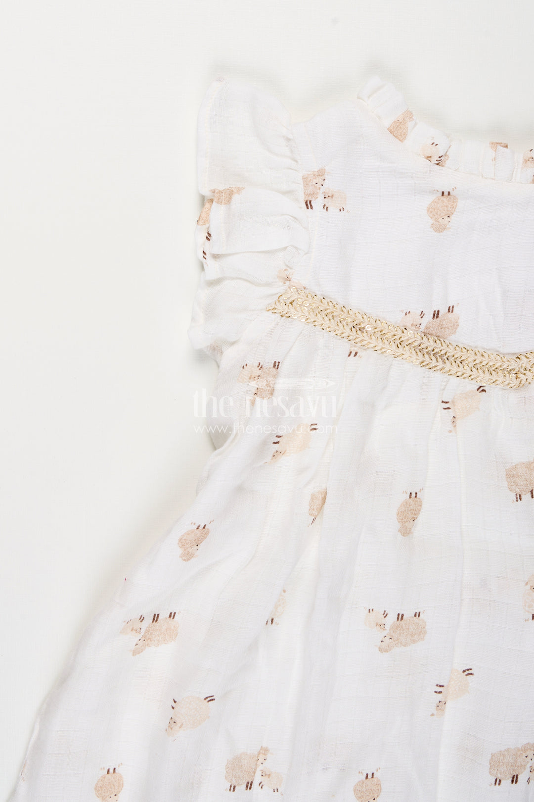 White muslin cotton frock for baby girls with soft sheep print