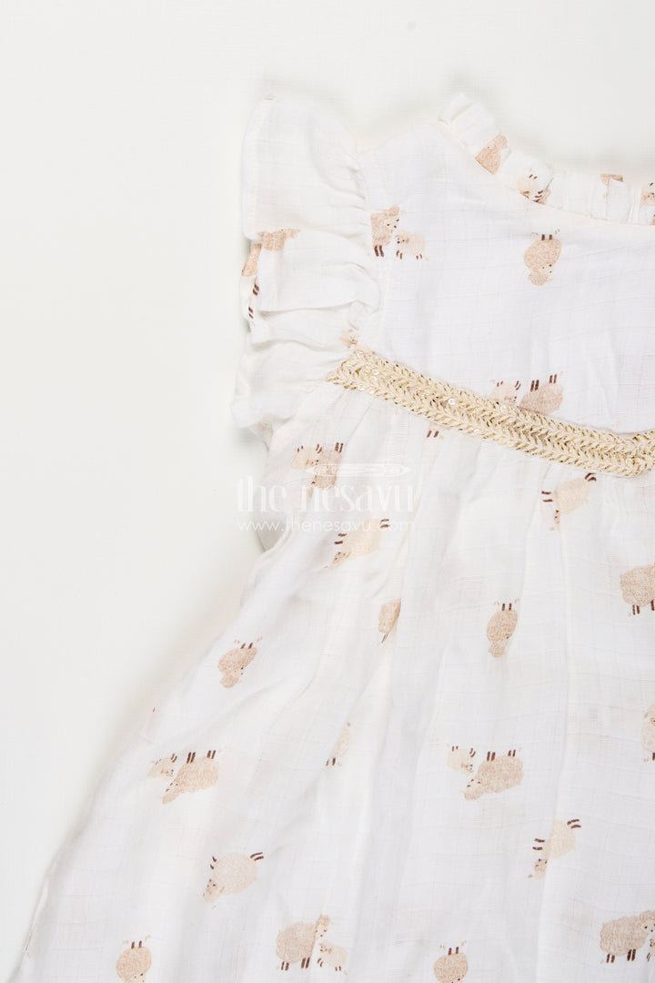 White muslin cotton frock for baby girls with soft sheep print