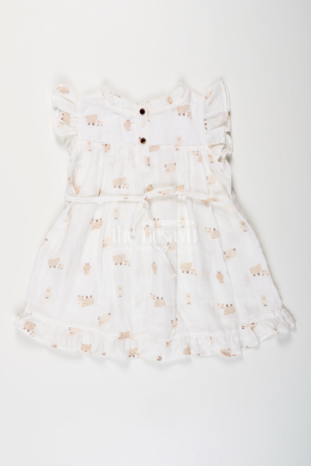 White muslin cotton frock for baby girls with soft sheep print