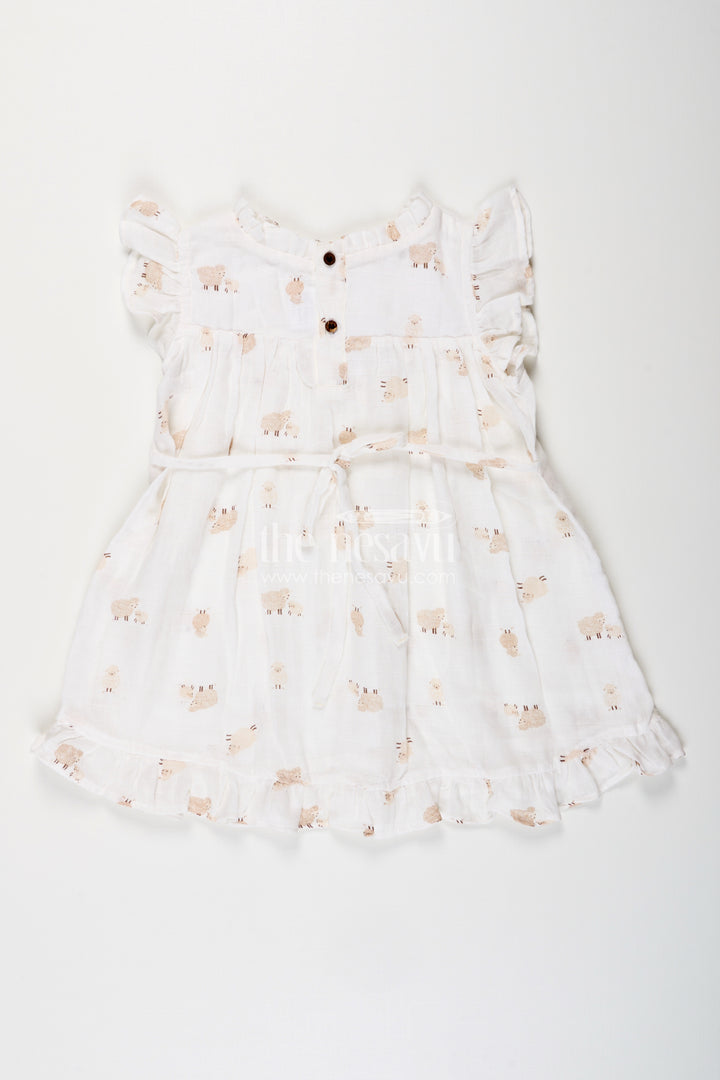 White muslin cotton frock for baby girls with soft sheep print