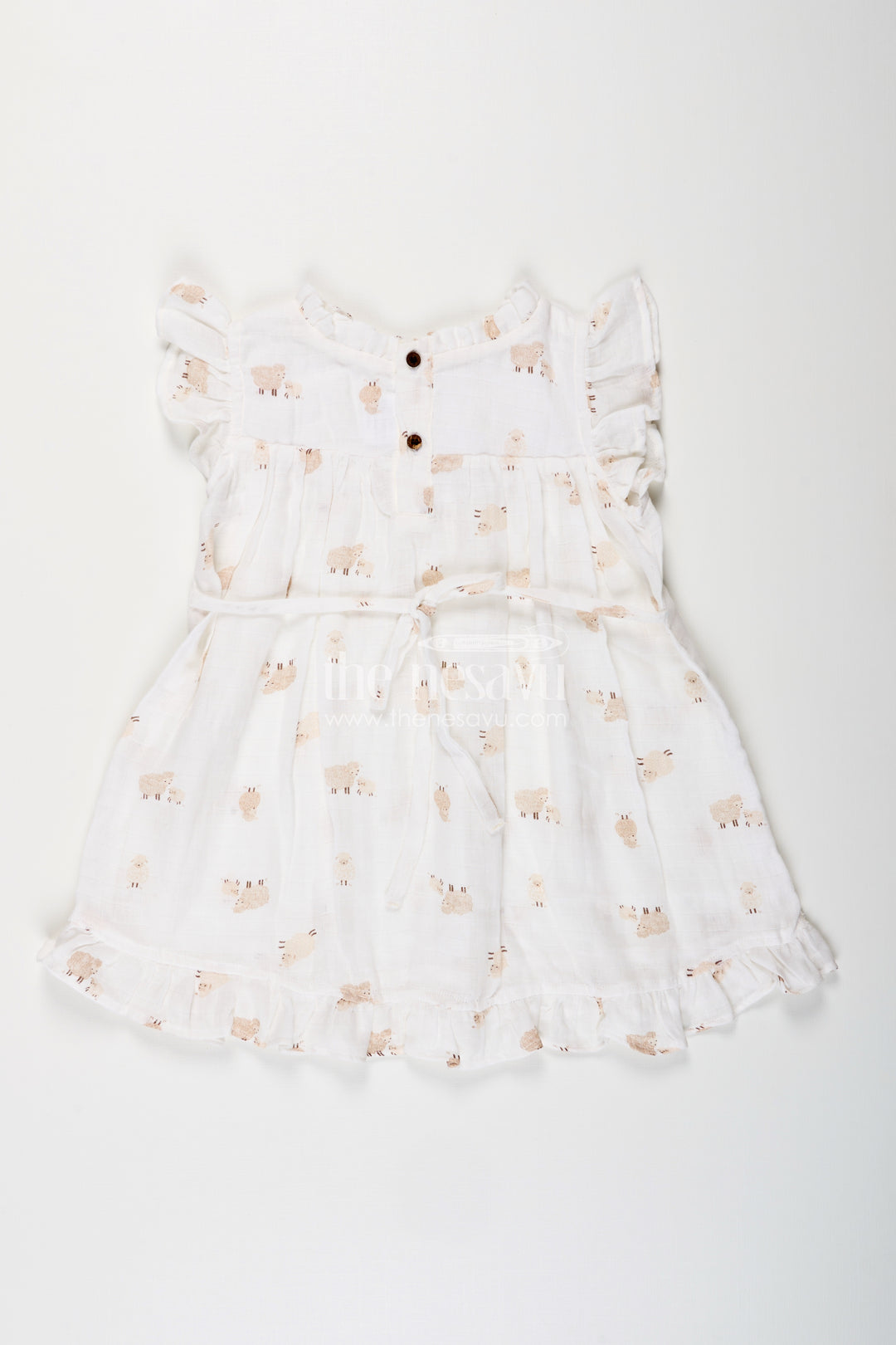 White muslin cotton frock for baby girls with soft sheep print